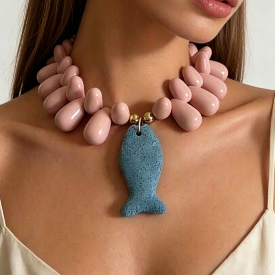 Resin Art Necklace - 화려한 컬러블록 핑크 눈물방울 레진 목걸이
