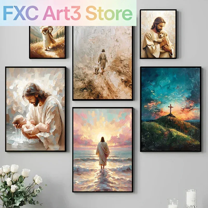 Resin Art On Canvas - 1pc 프레임리스, 물 위를 걷는/양치기사 예수