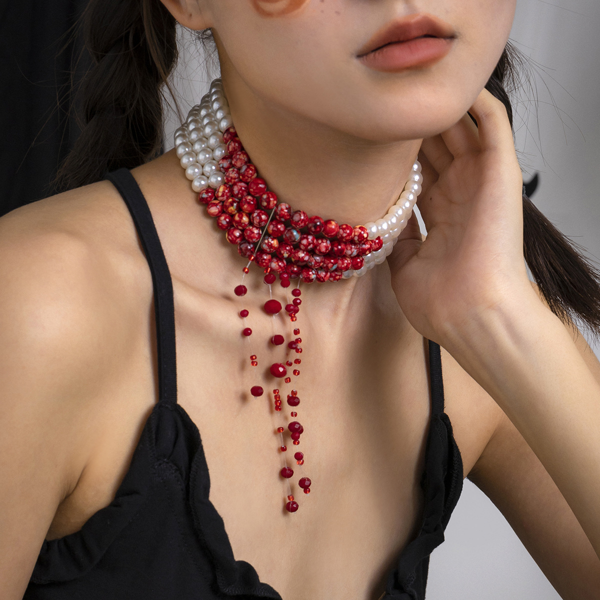 여성용 다층 빈티지 붉은 피 패턴 모조 진주 술 펜던트 - Resin Art Necklace 리뷰 및 가격