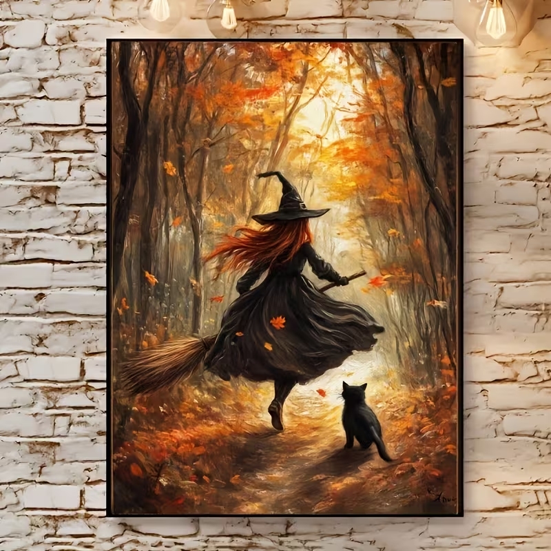 레트로 할로윈 가을 마녀 빗자루 벽 아트 인쇄 캔버스  - Resin Art On Canvas 리뷰 및 가격