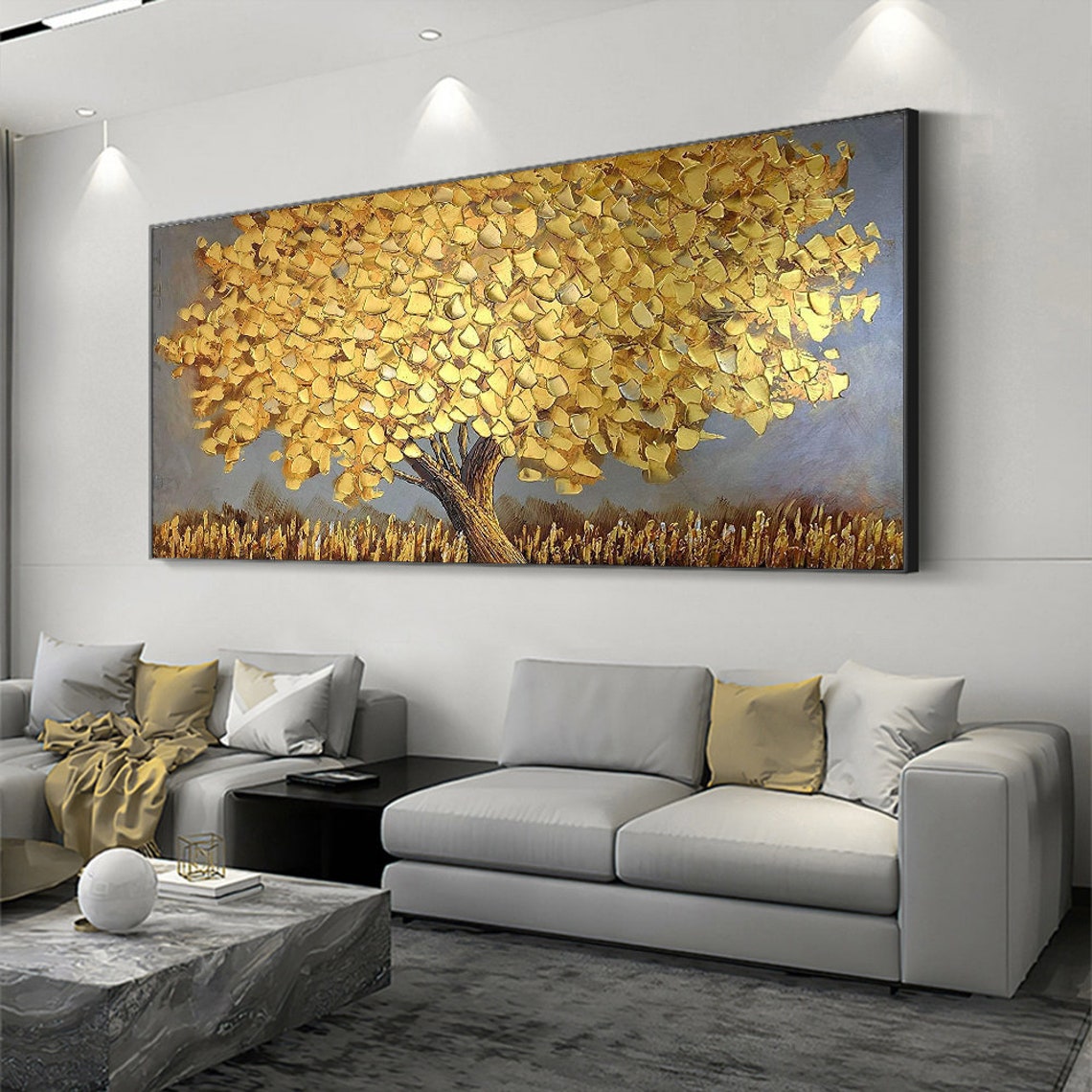 캔버스 위의 빛나는 금빛 나무 추상 식물 꽃 유화 나무 - Resin Art On Canvas 리뷰 및 가격